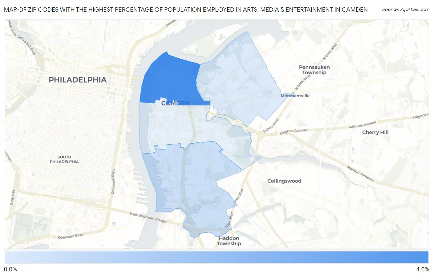 Zip Codes with the Highest Percentage of Population Employed in Arts, Media & Entertainment in Camden Map