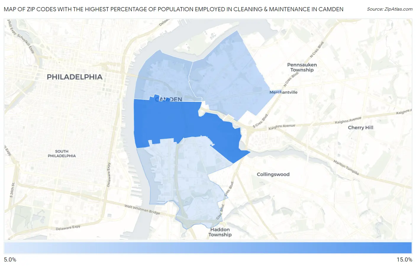 Zip Codes with the Highest Percentage of Population Employed in Cleaning & Maintenance in Camden Map
