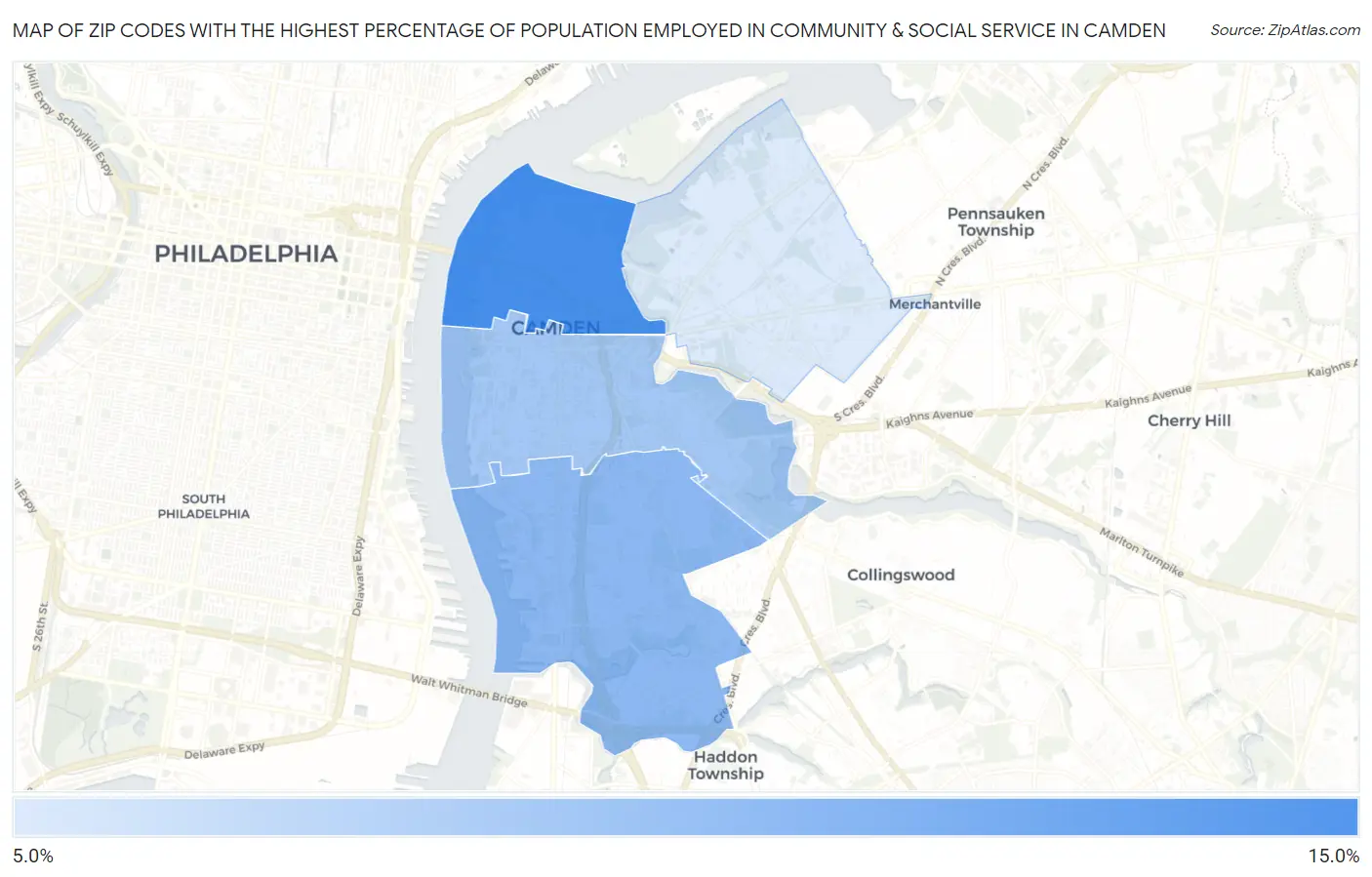 Zip Codes with the Highest Percentage of Population Employed in Community & Social Service  in Camden Map