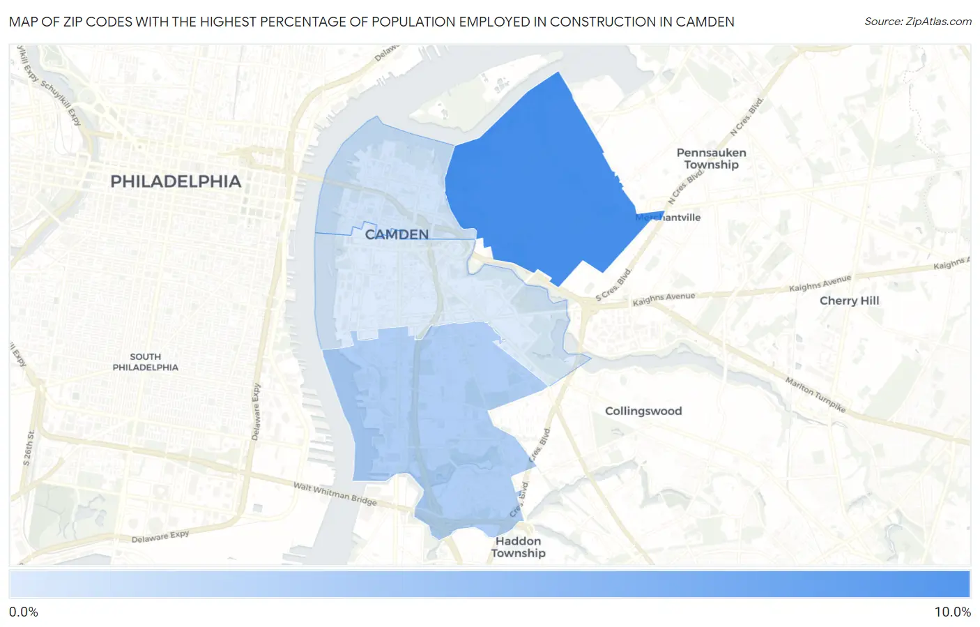 Zip Codes with the Highest Percentage of Population Employed in Construction in Camden Map