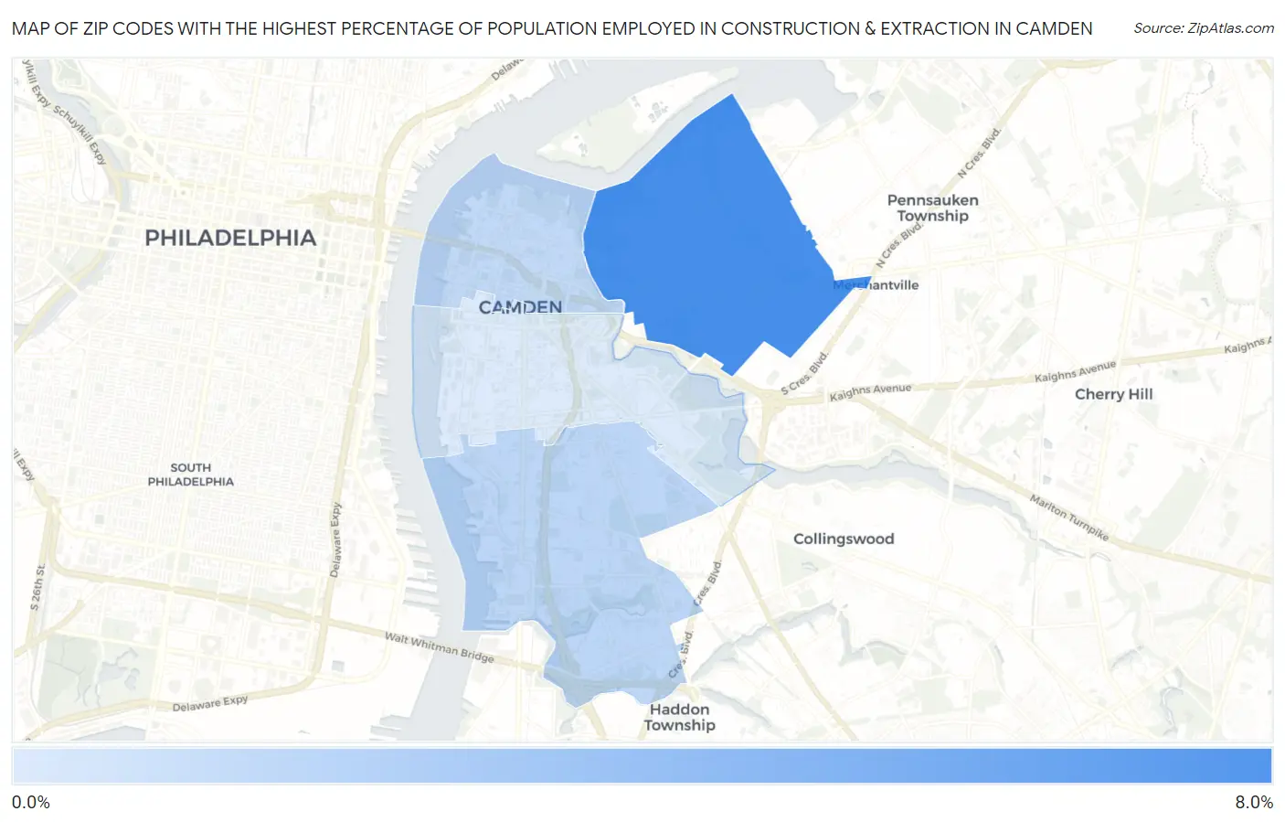 Zip Codes with the Highest Percentage of Population Employed in Construction & Extraction in Camden Map