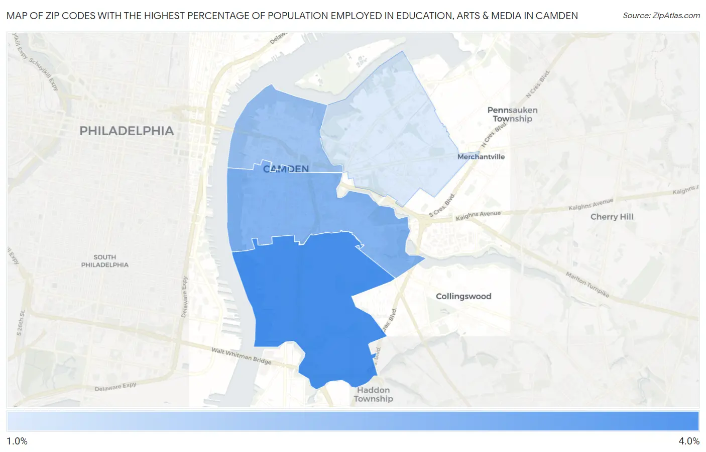 Zip Codes with the Highest Percentage of Population Employed in Education, Arts & Media in Camden Map