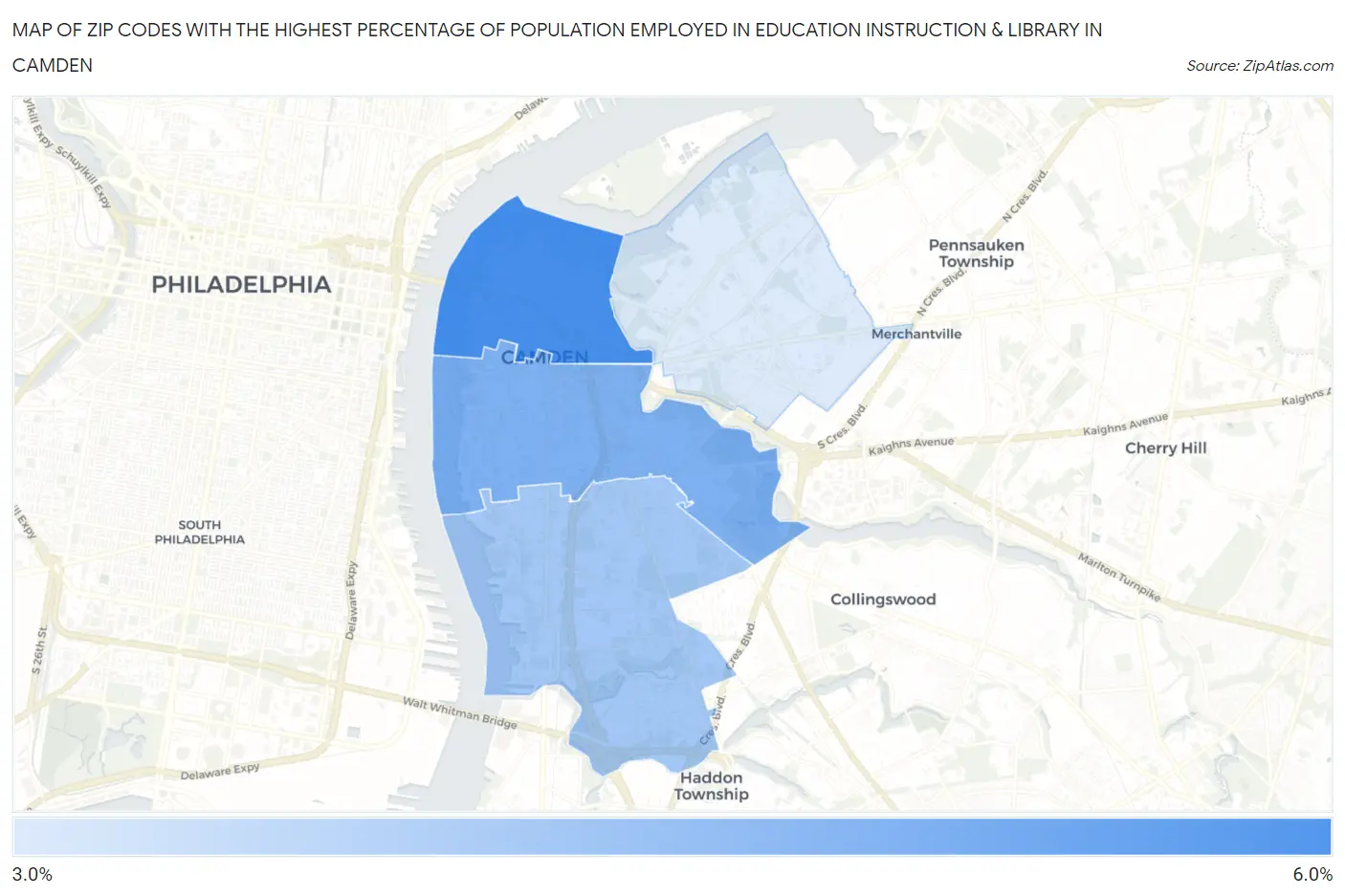 Zip Codes with the Highest Percentage of Population Employed in Education Instruction & Library in Camden Map
