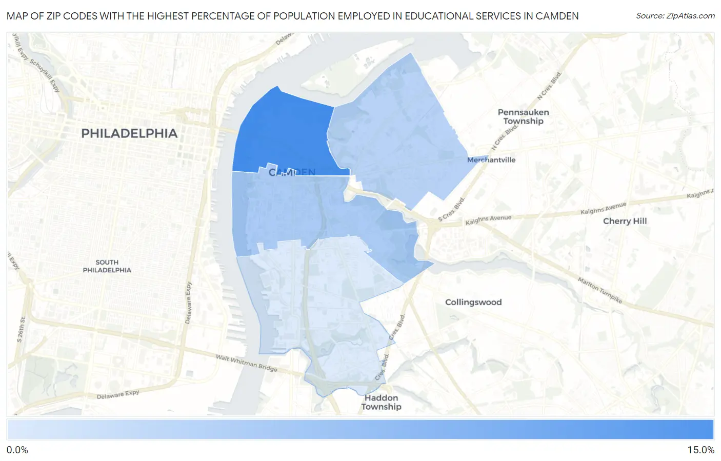 Zip Codes with the Highest Percentage of Population Employed in Educational Services in Camden Map
