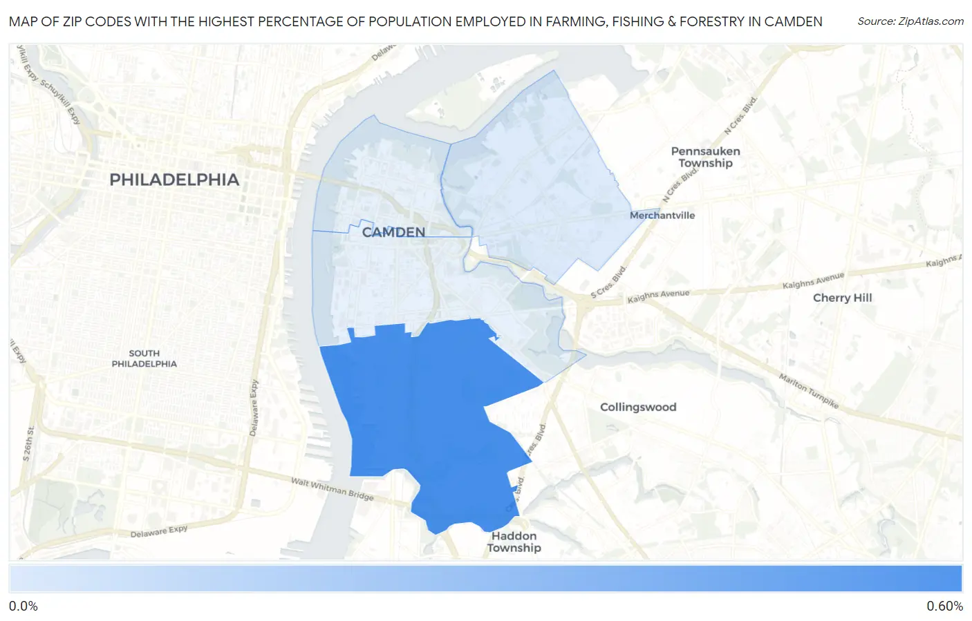 Zip Codes with the Highest Percentage of Population Employed in Farming, Fishing & Forestry in Camden Map