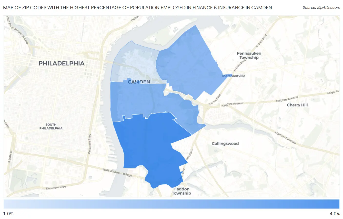 Zip Codes with the Highest Percentage of Population Employed in Finance & Insurance in Camden Map