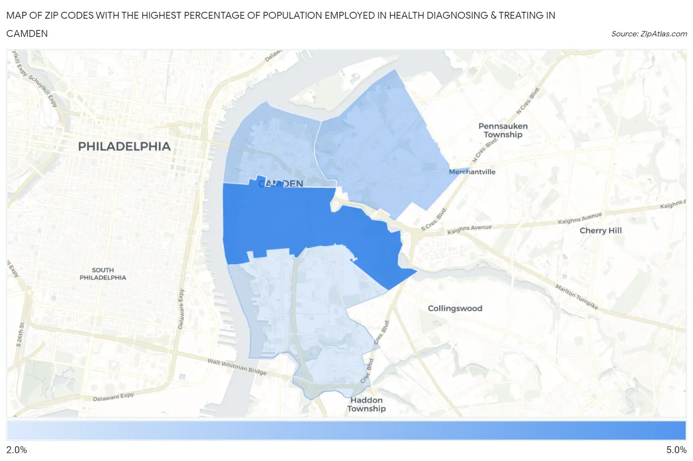 Zip Codes with the Highest Percentage of Population Employed in Health Diagnosing & Treating in Camden Map