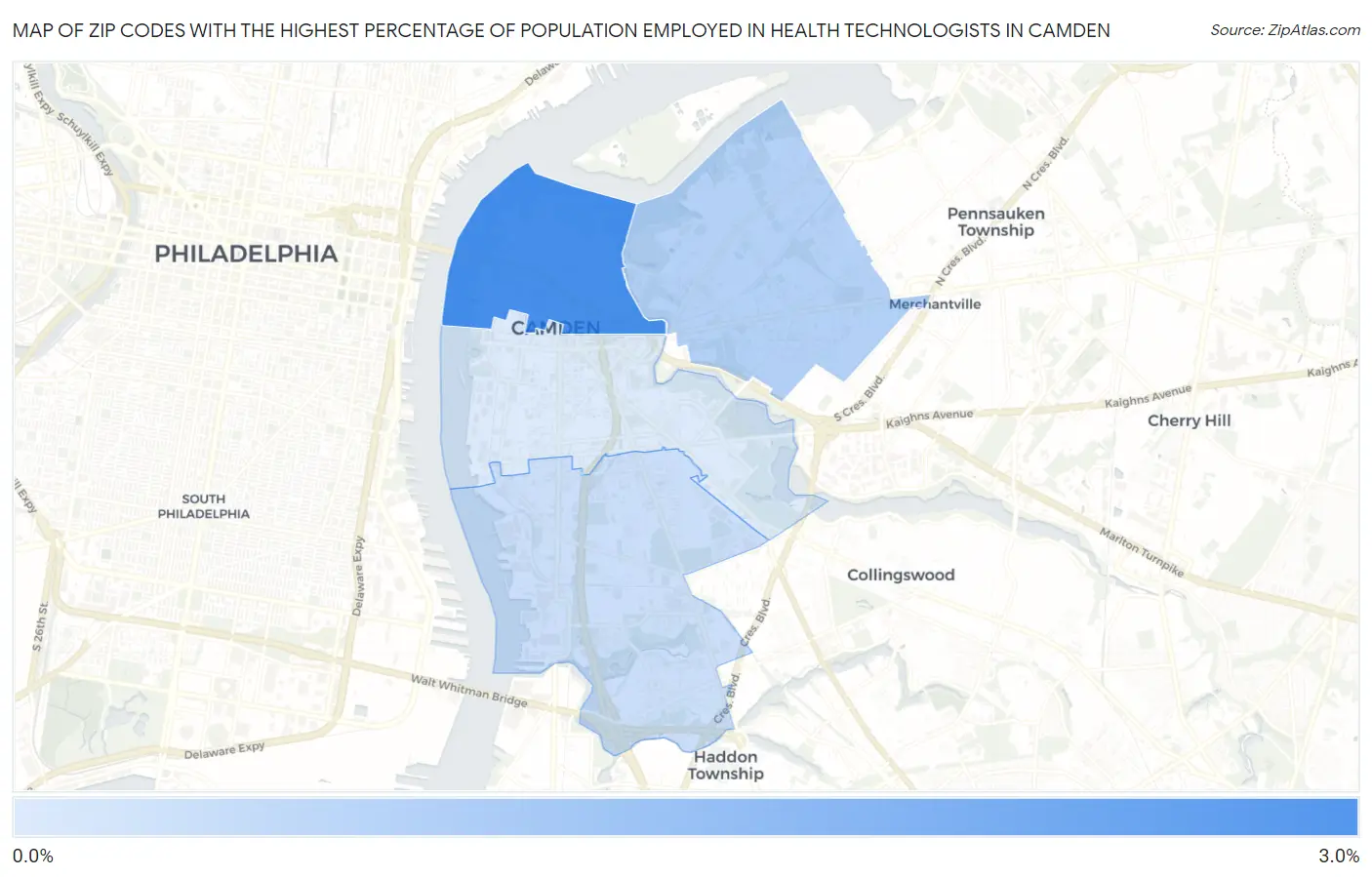 Zip Codes with the Highest Percentage of Population Employed in Health Technologists in Camden Map