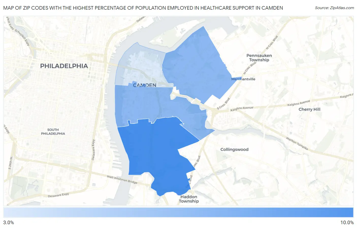 Zip Codes with the Highest Percentage of Population Employed in Healthcare Support in Camden Map