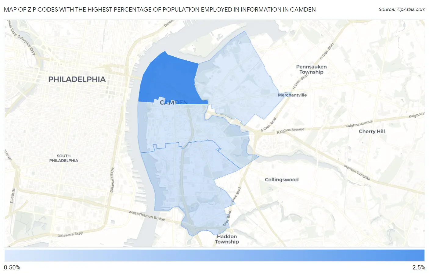 Zip Codes with the Highest Percentage of Population Employed in Information in Camden Map