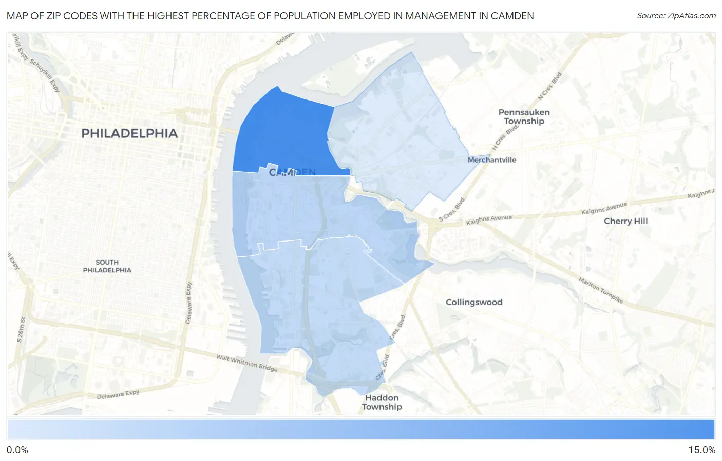 Zip Codes with the Highest Percentage of Population Employed in Management in Camden Map