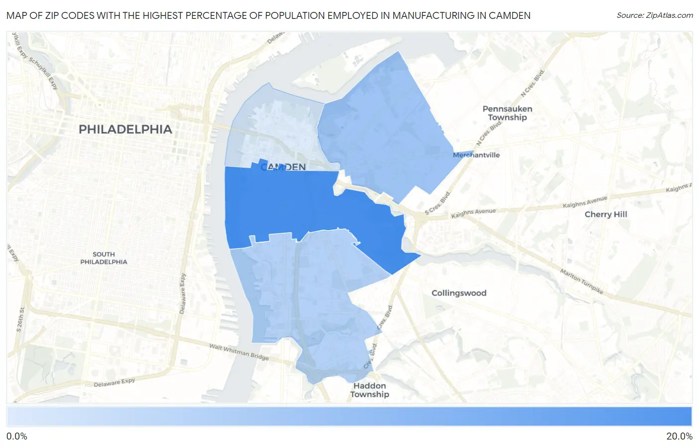 Zip Codes with the Highest Percentage of Population Employed in Manufacturing in Camden Map
