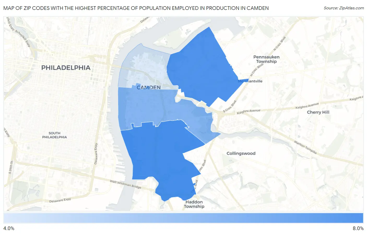 Zip Codes with the Highest Percentage of Population Employed in Production in Camden Map