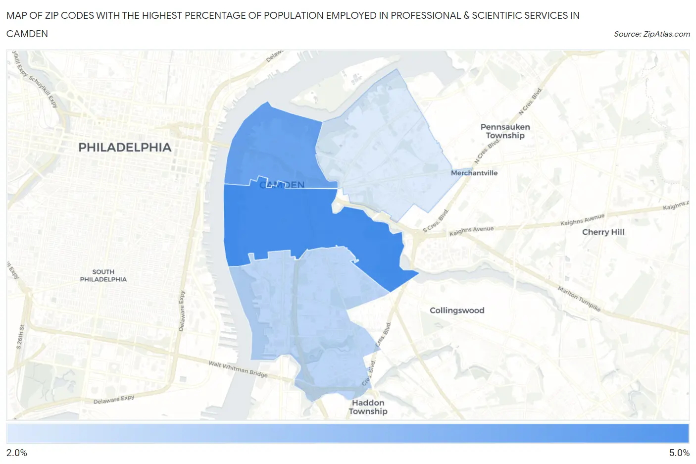 Zip Codes with the Highest Percentage of Population Employed in Professional & Scientific Services in Camden Map