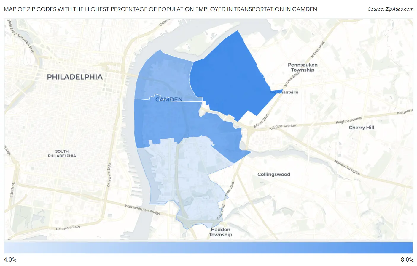 Zip Codes with the Highest Percentage of Population Employed in Transportation in Camden Map