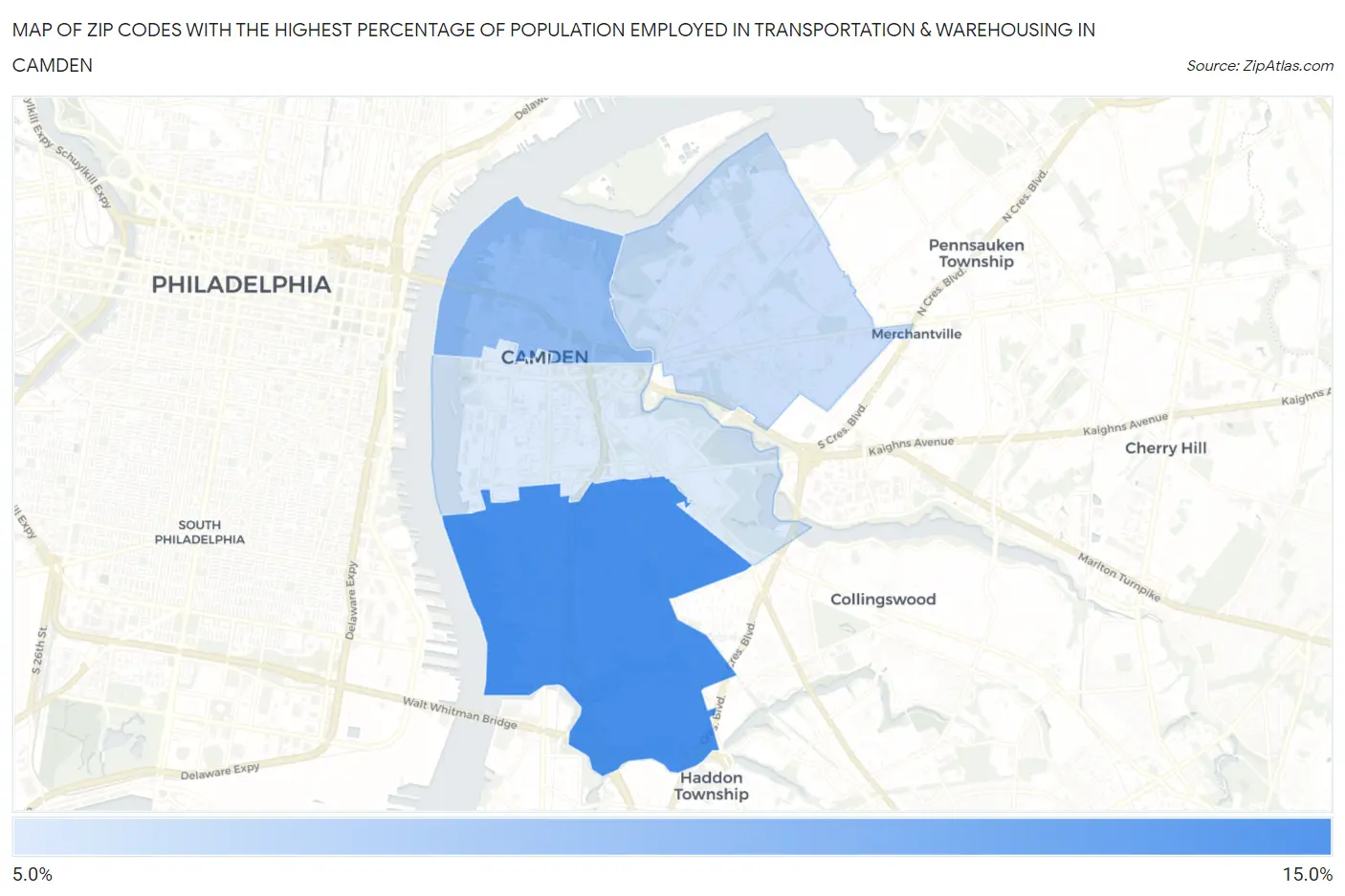 Zip Codes with the Highest Percentage of Population Employed in Transportation & Warehousing in Camden Map