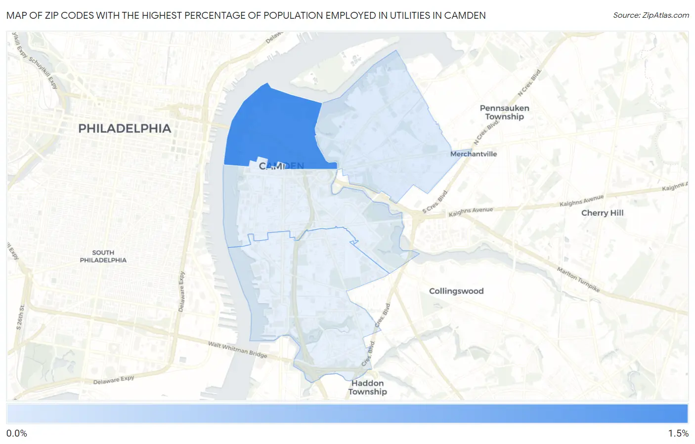 Zip Codes with the Highest Percentage of Population Employed in Utilities in Camden Map