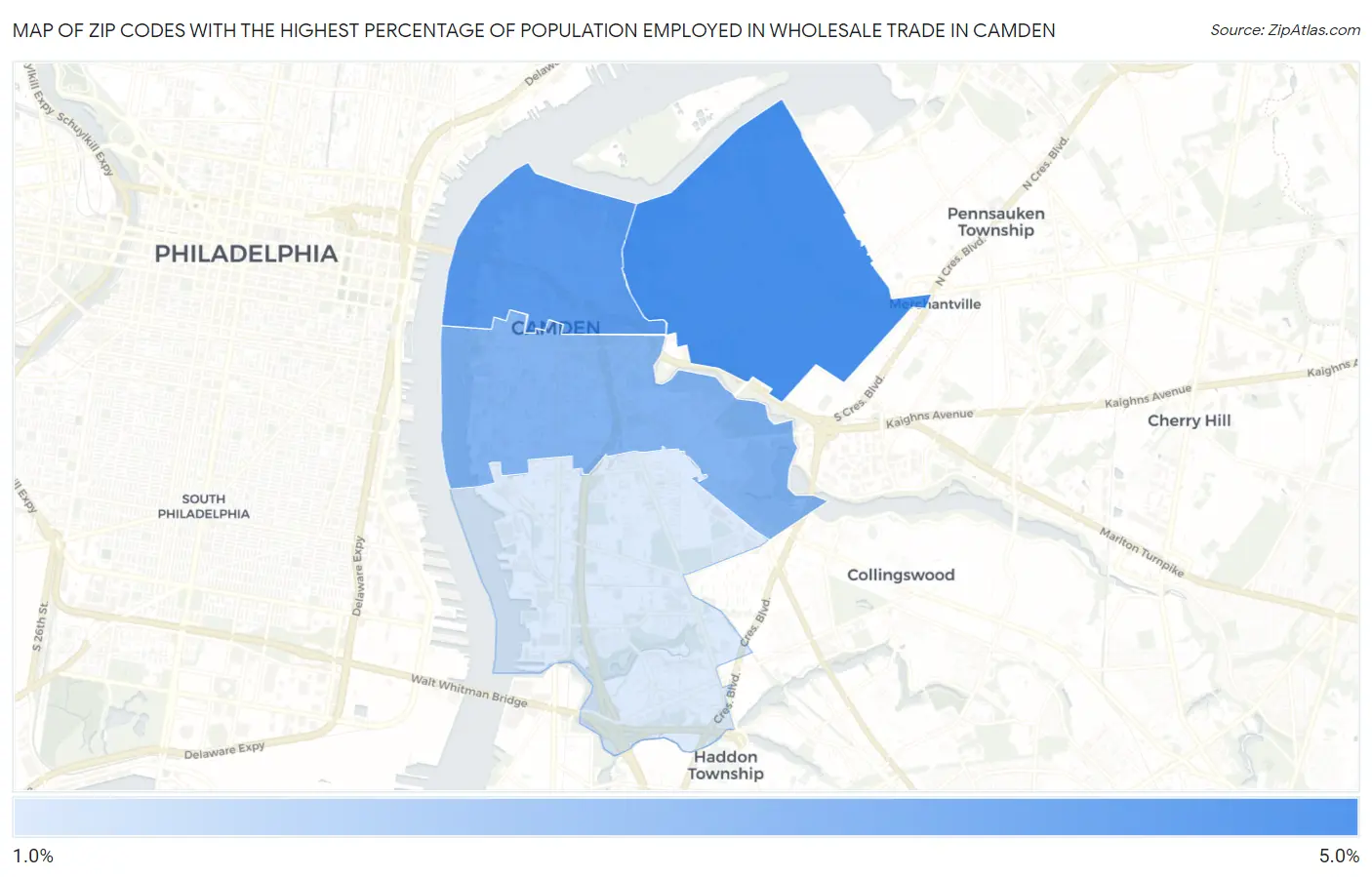 Zip Codes with the Highest Percentage of Population Employed in Wholesale Trade in Camden Map