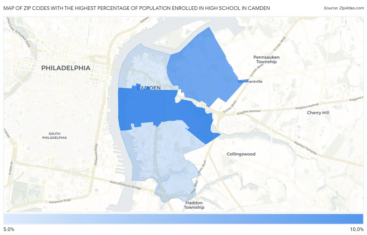 Zip Codes with the Highest Percentage of Population Enrolled in High School in Camden Map