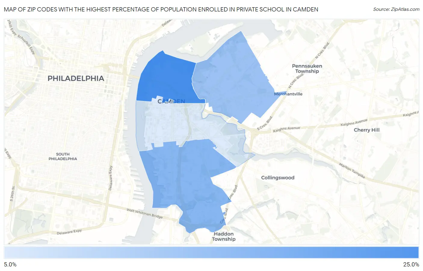Zip Codes with the Highest Percentage of Population Enrolled in Private School in Camden Map