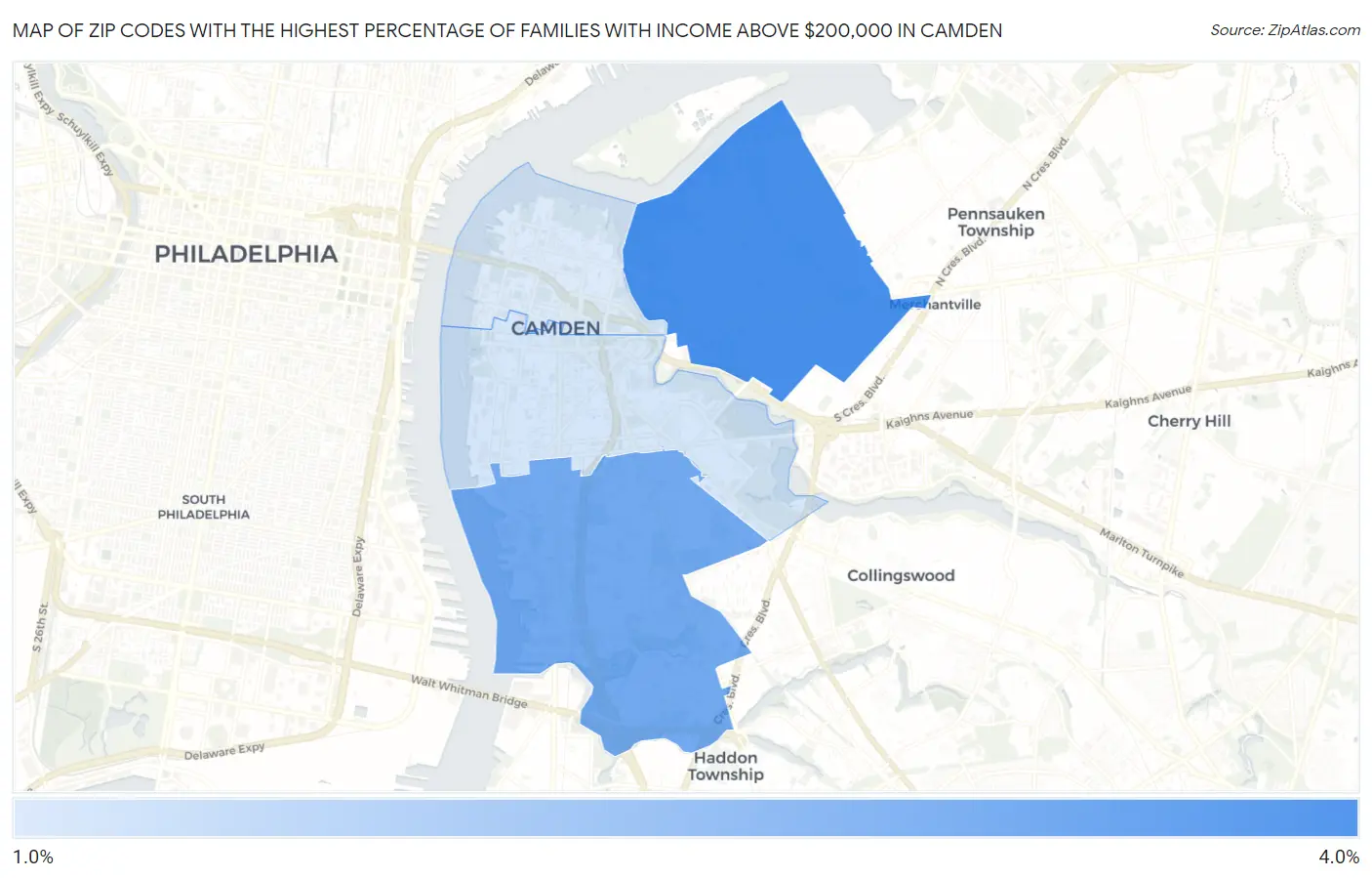 Zip Codes with the Highest Percentage of Families with Income Above $200,000 in Camden Map