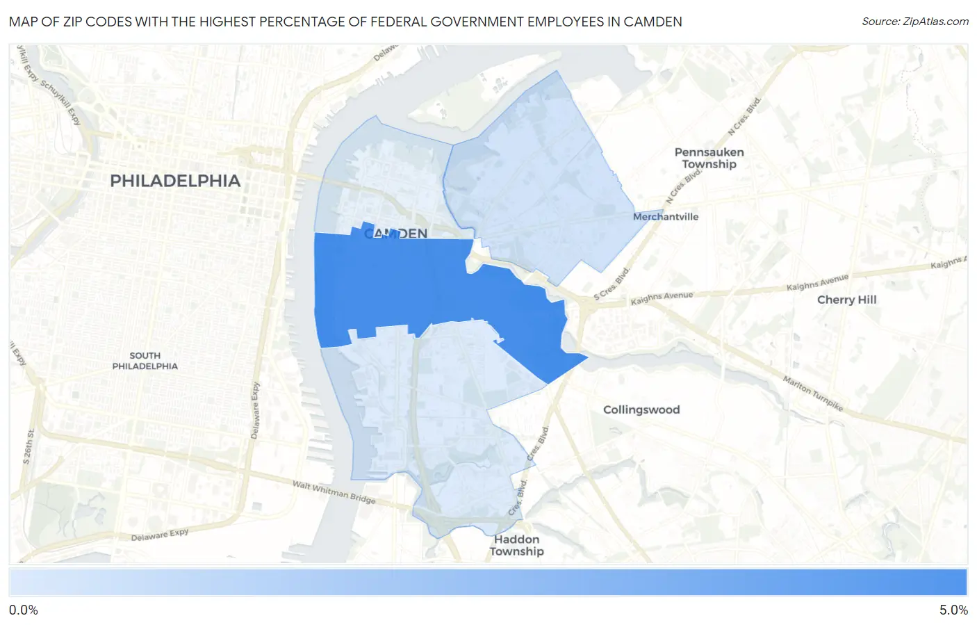 Zip Codes with the Highest Percentage of Federal Government Employees in Camden Map