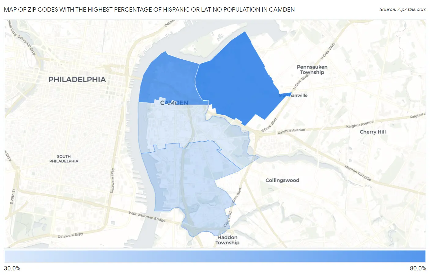 Zip Codes with the Highest Percentage of Hispanic or Latino Population in Camden Map