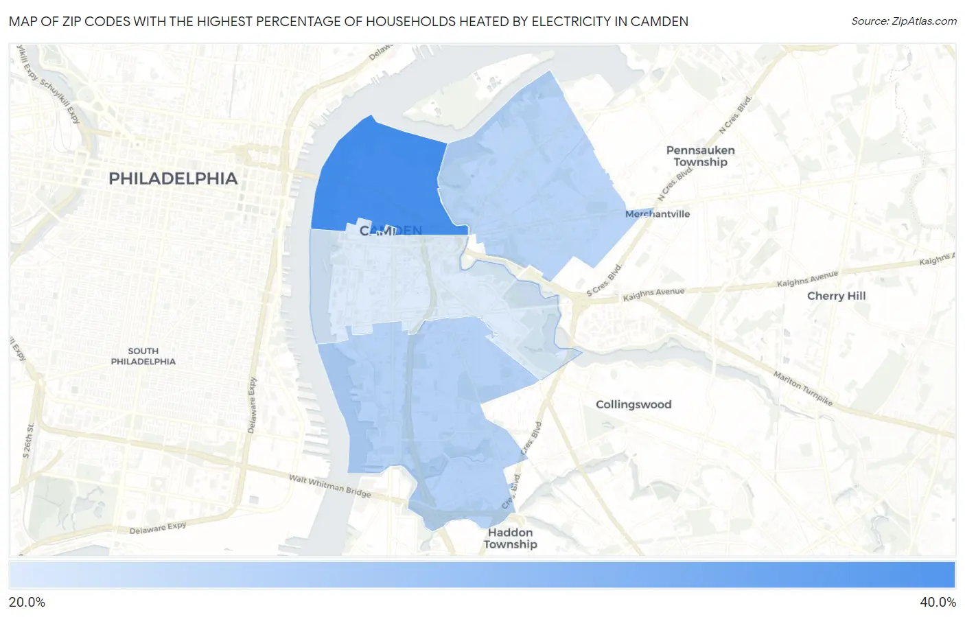 Zip Codes with the Highest Percentage of Households Heated by Electricity in Camden Map