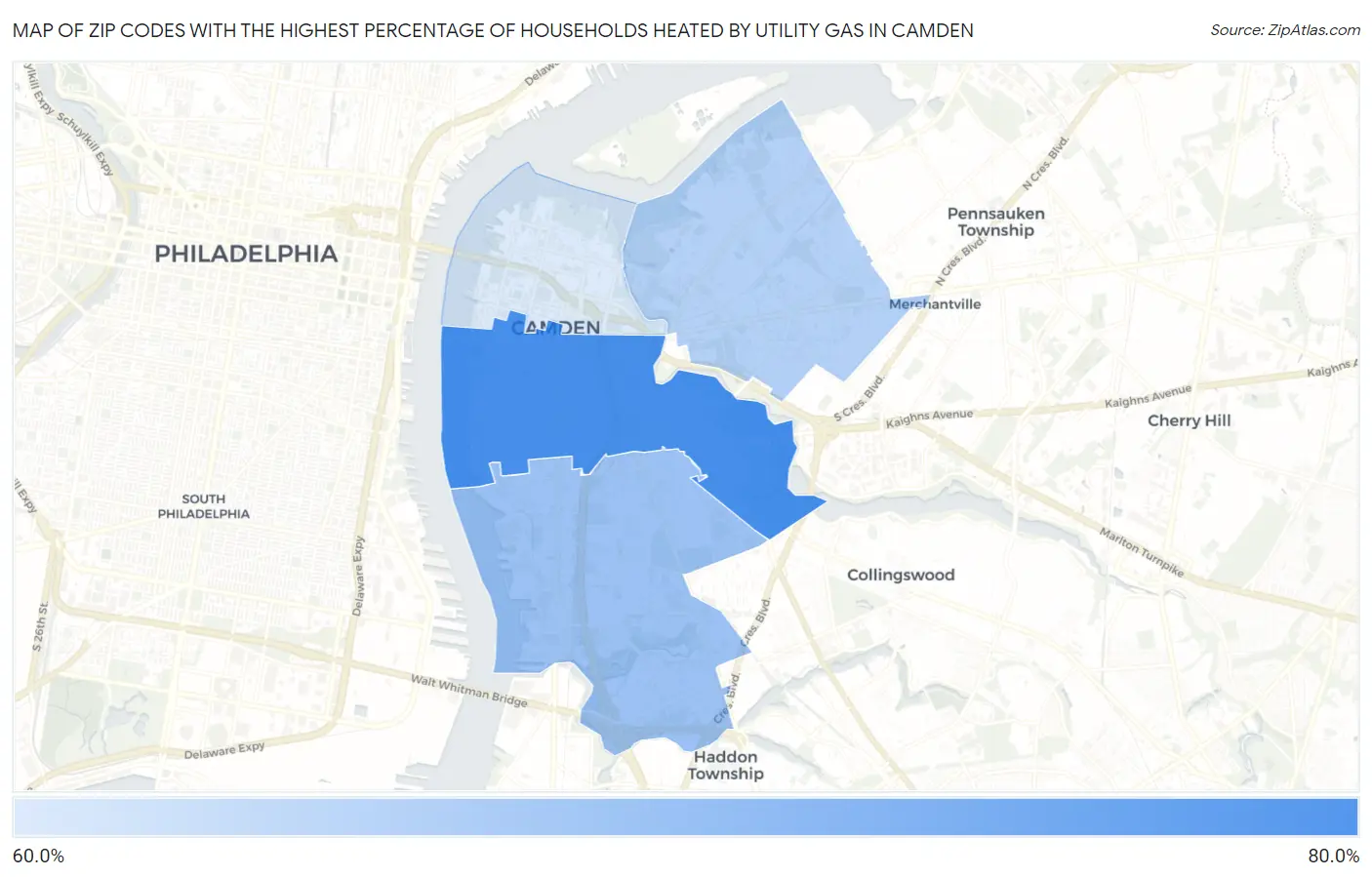 Zip Codes with the Highest Percentage of Households Heated by Utility Gas in Camden Map