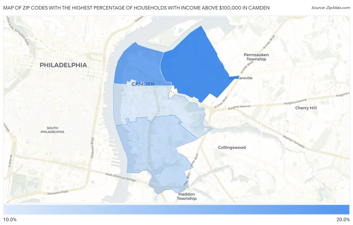 Zip Codes with the Highest Percentage of Households with Income Above $100,000 in Camden Map