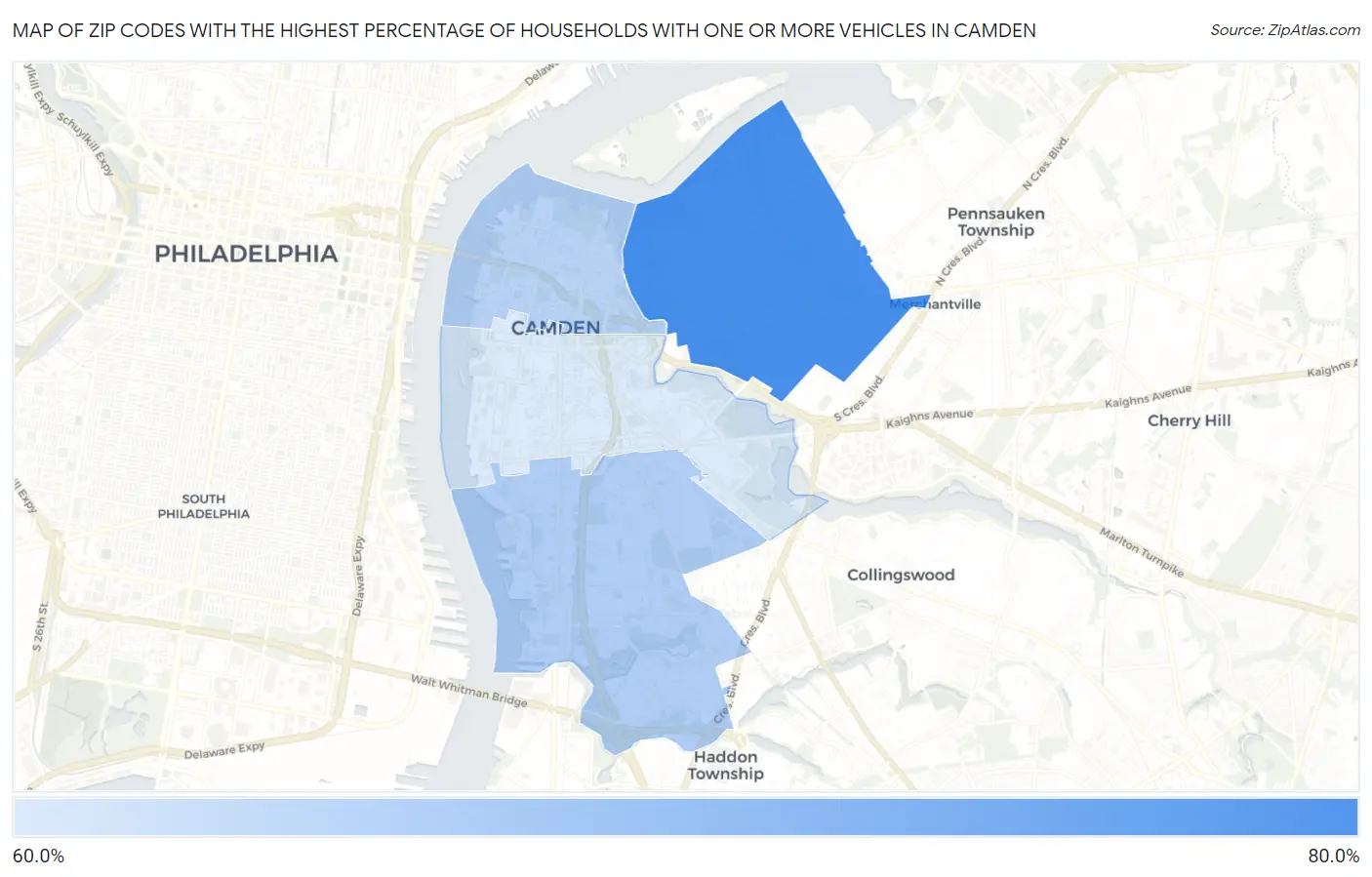 Zip Codes with the Highest Percentage of Households With One or more Vehicles in Camden Map