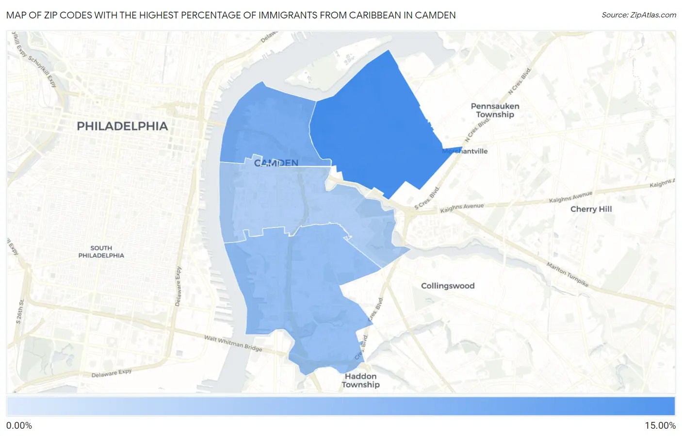 Zip Codes with the Highest Percentage of Immigrants from Caribbean in Camden Map