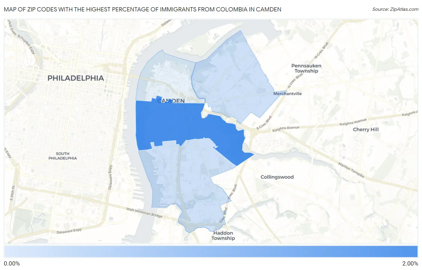 Zip Codes with the Highest Percentage of Immigrants from Colombia in Camden Map