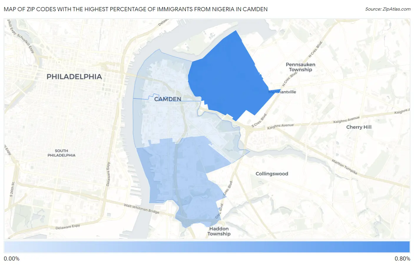 Zip Codes with the Highest Percentage of Immigrants from Nigeria in Camden Map