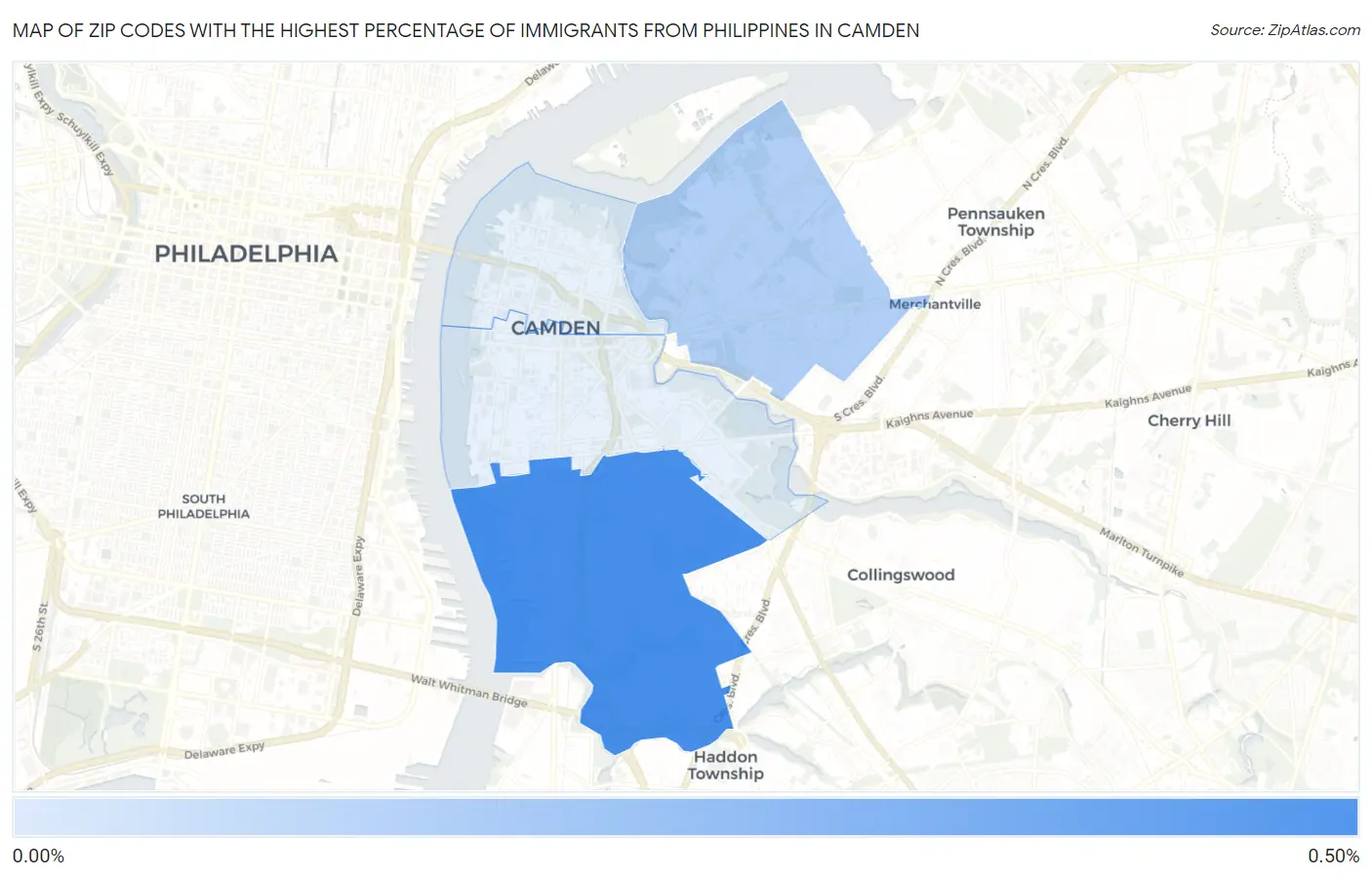 Zip Codes with the Highest Percentage of Immigrants from Philippines in Camden Map