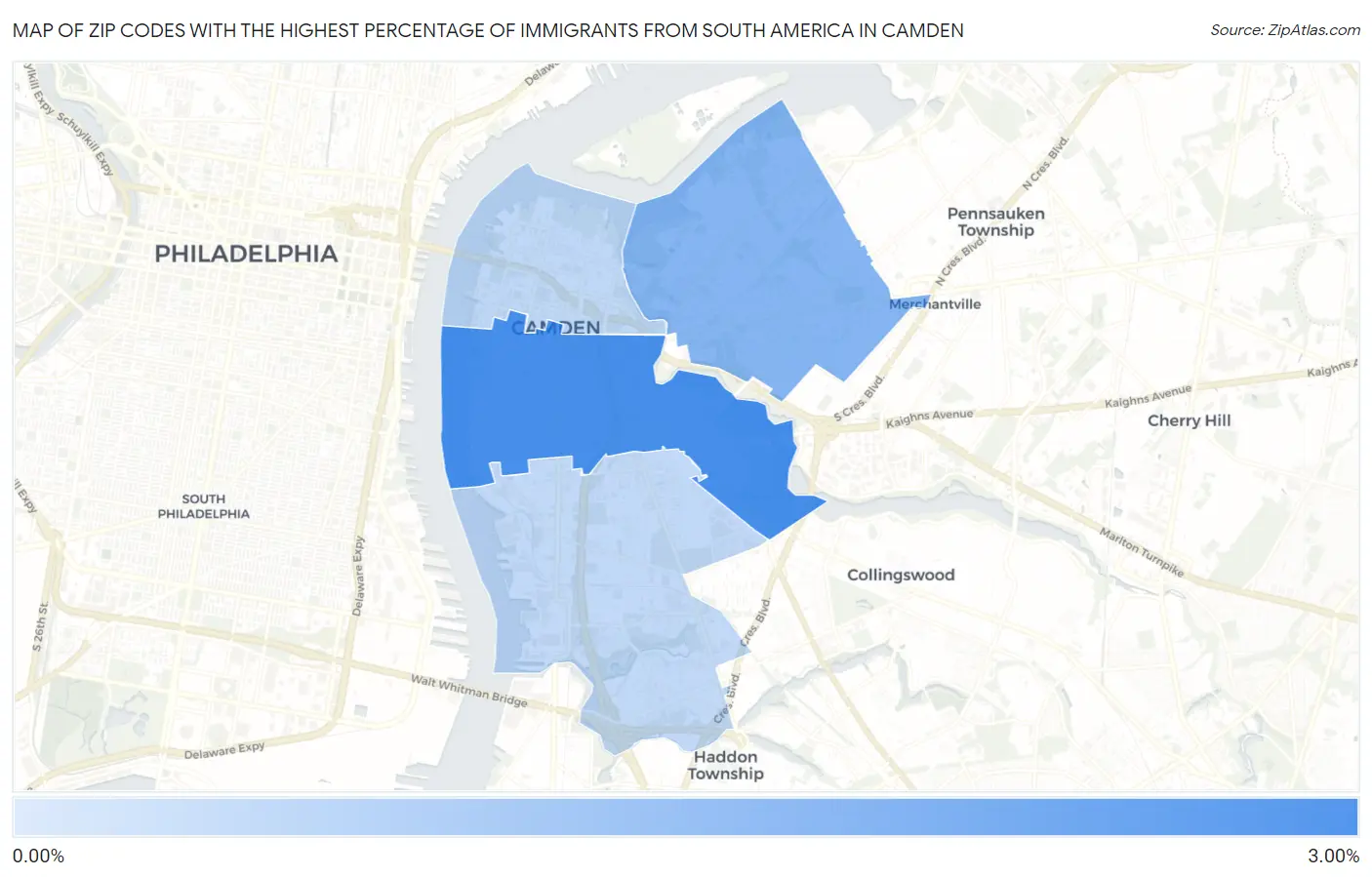 Zip Codes with the Highest Percentage of Immigrants from South America in Camden Map