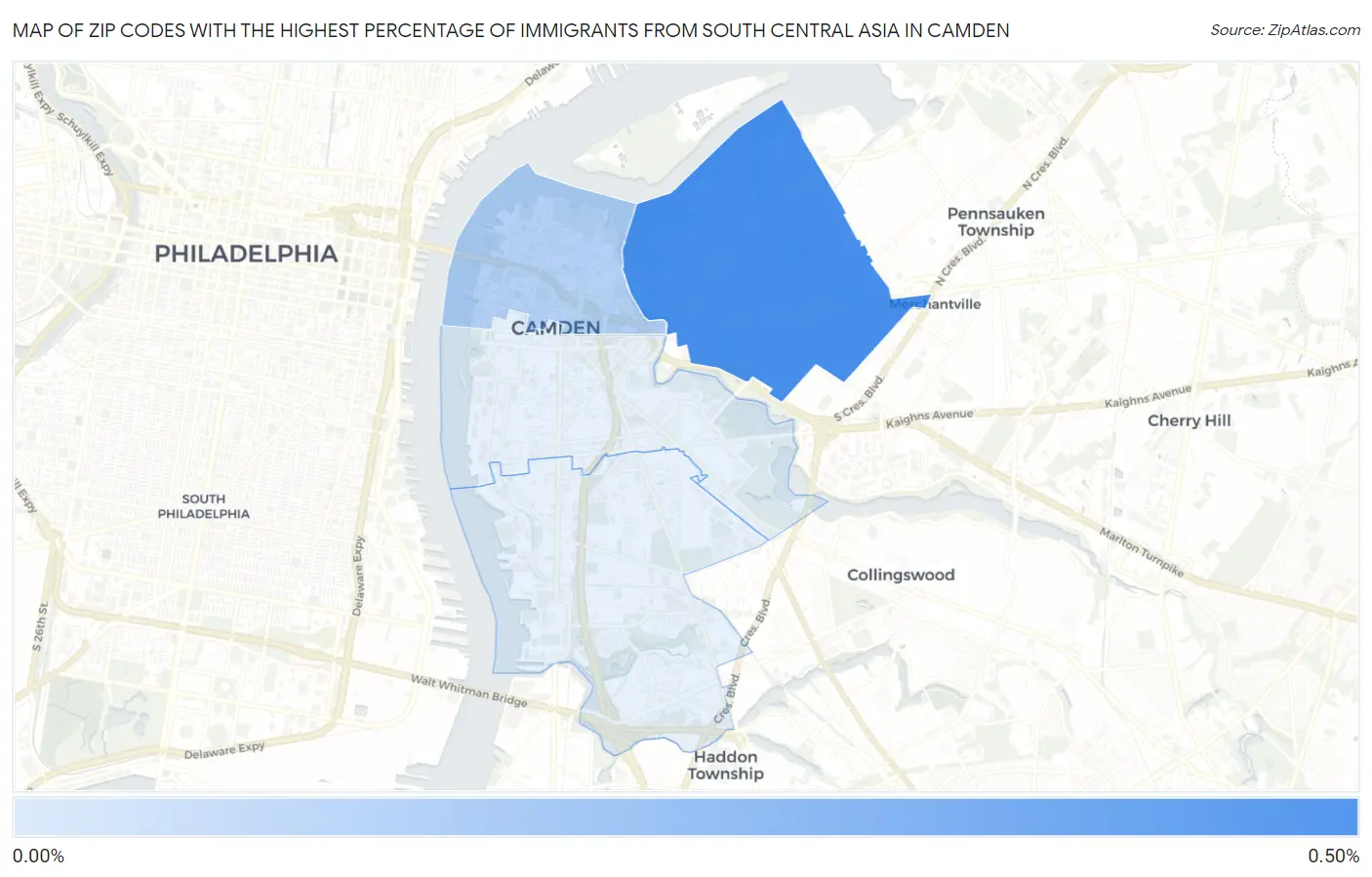 Zip Codes with the Highest Percentage of Immigrants from South Central Asia in Camden Map