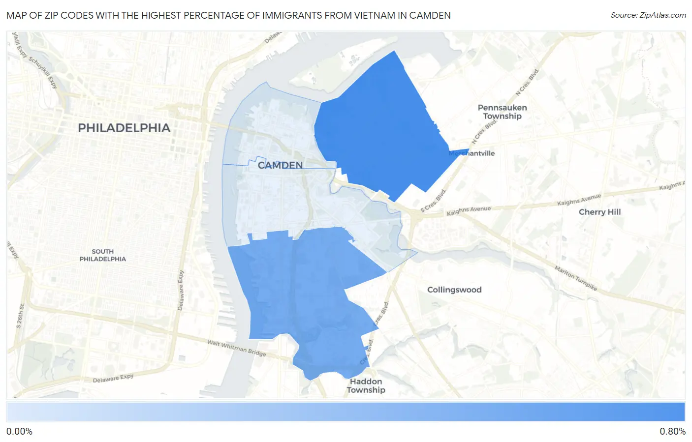 Zip Codes with the Highest Percentage of Immigrants from Vietnam in Camden Map
