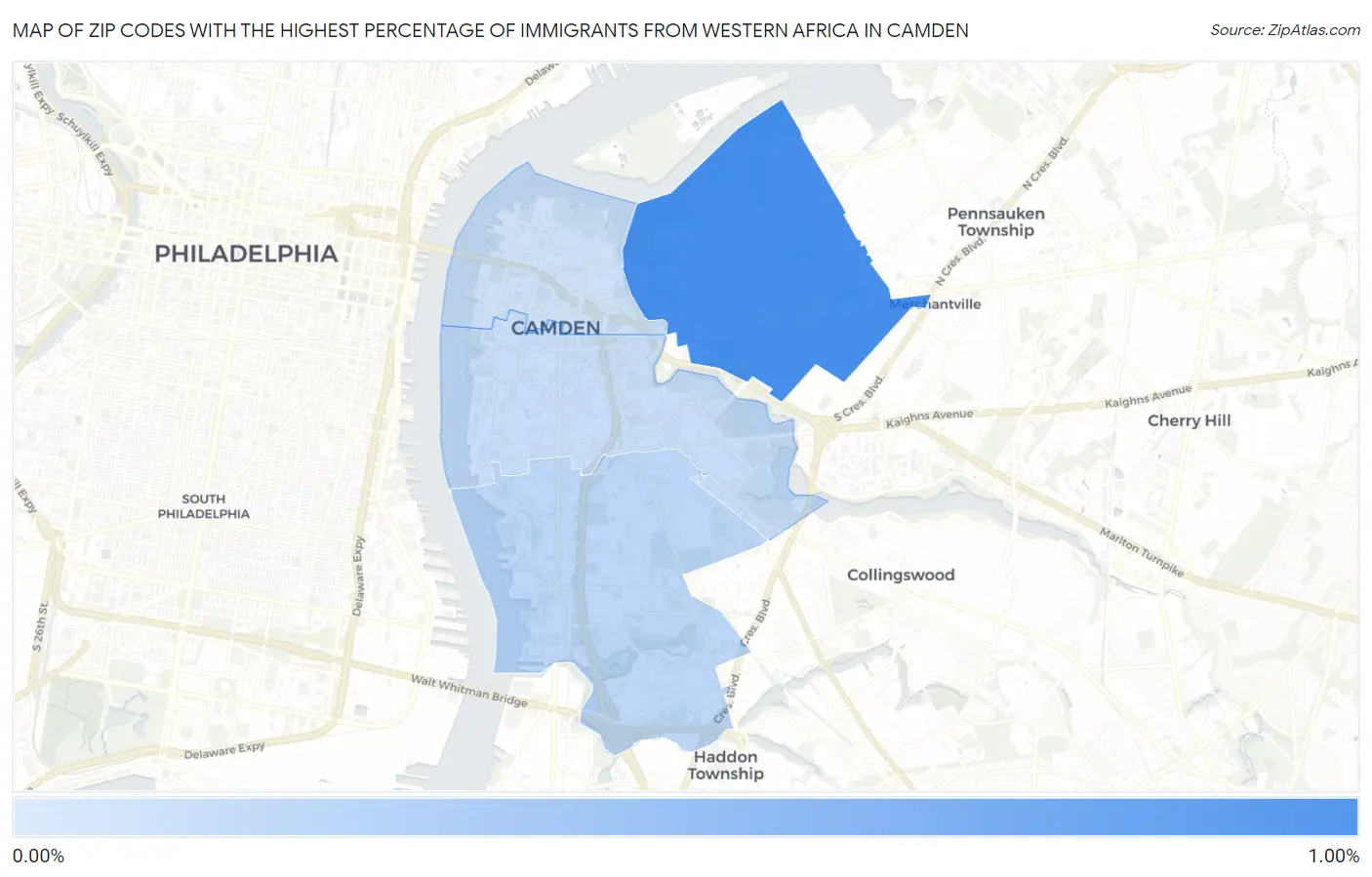Zip Codes with the Highest Percentage of Immigrants from Western Africa in Camden Map