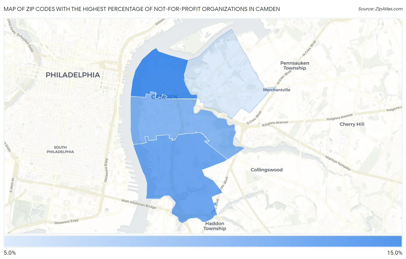 Zip Codes with the Highest Percentage of Not-for-profit Organizations in Camden Map
