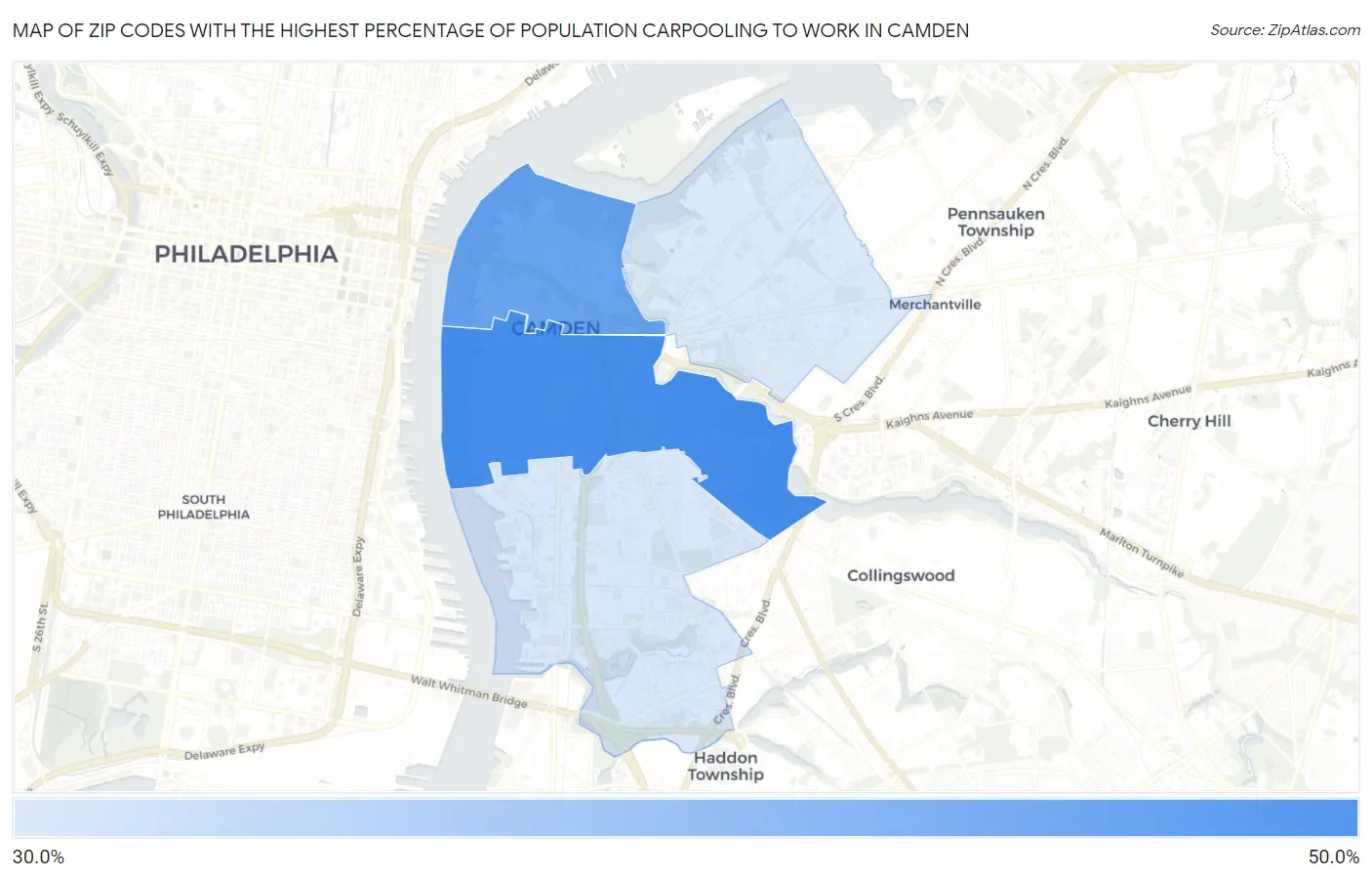 Zip Codes with the Highest Percentage of Population Carpooling to Work in Camden Map