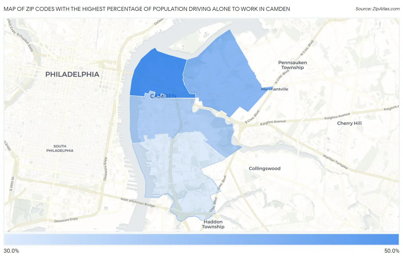 Zip Codes with the Highest Percentage of Population Driving Alone to Work in Camden Map