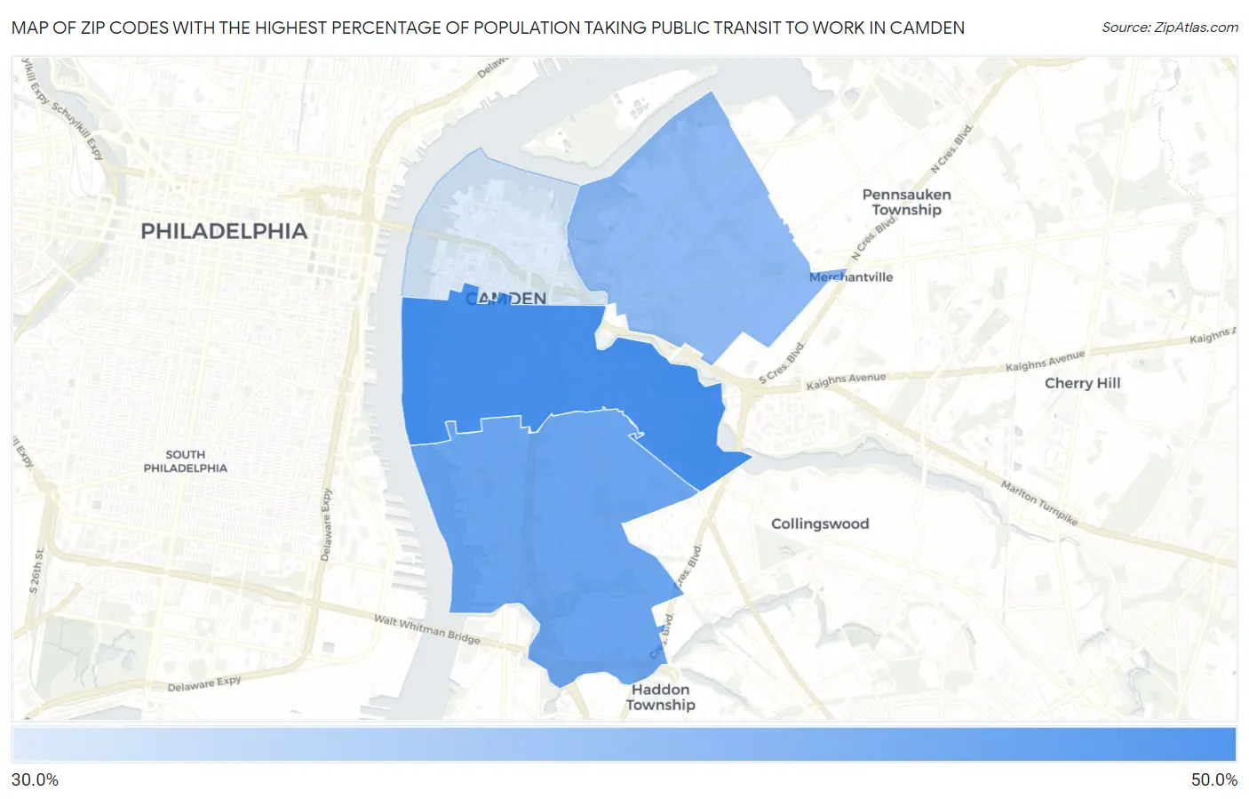 Zip Codes with the Highest Percentage of Population Taking Public Transit to Work in Camden Map