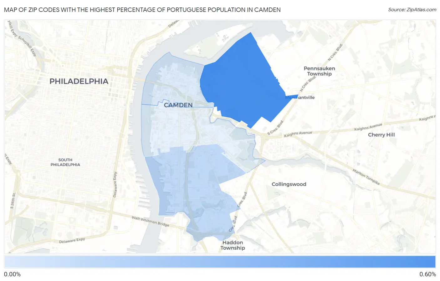 Zip Codes with the Highest Percentage of Portuguese Population in Camden Map