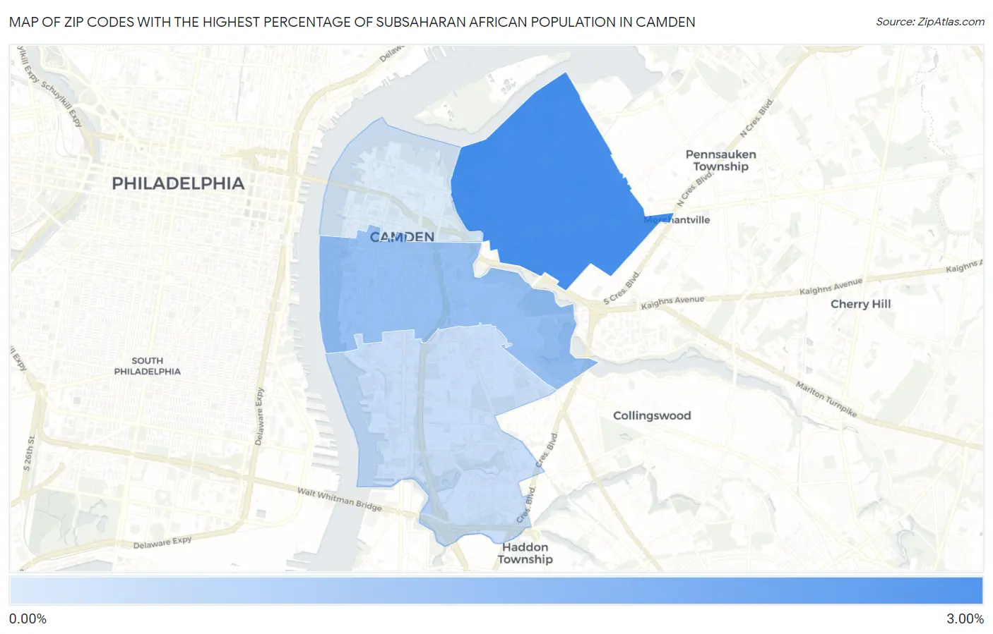 Zip Codes with the Highest Percentage of Subsaharan African Population in Camden Map