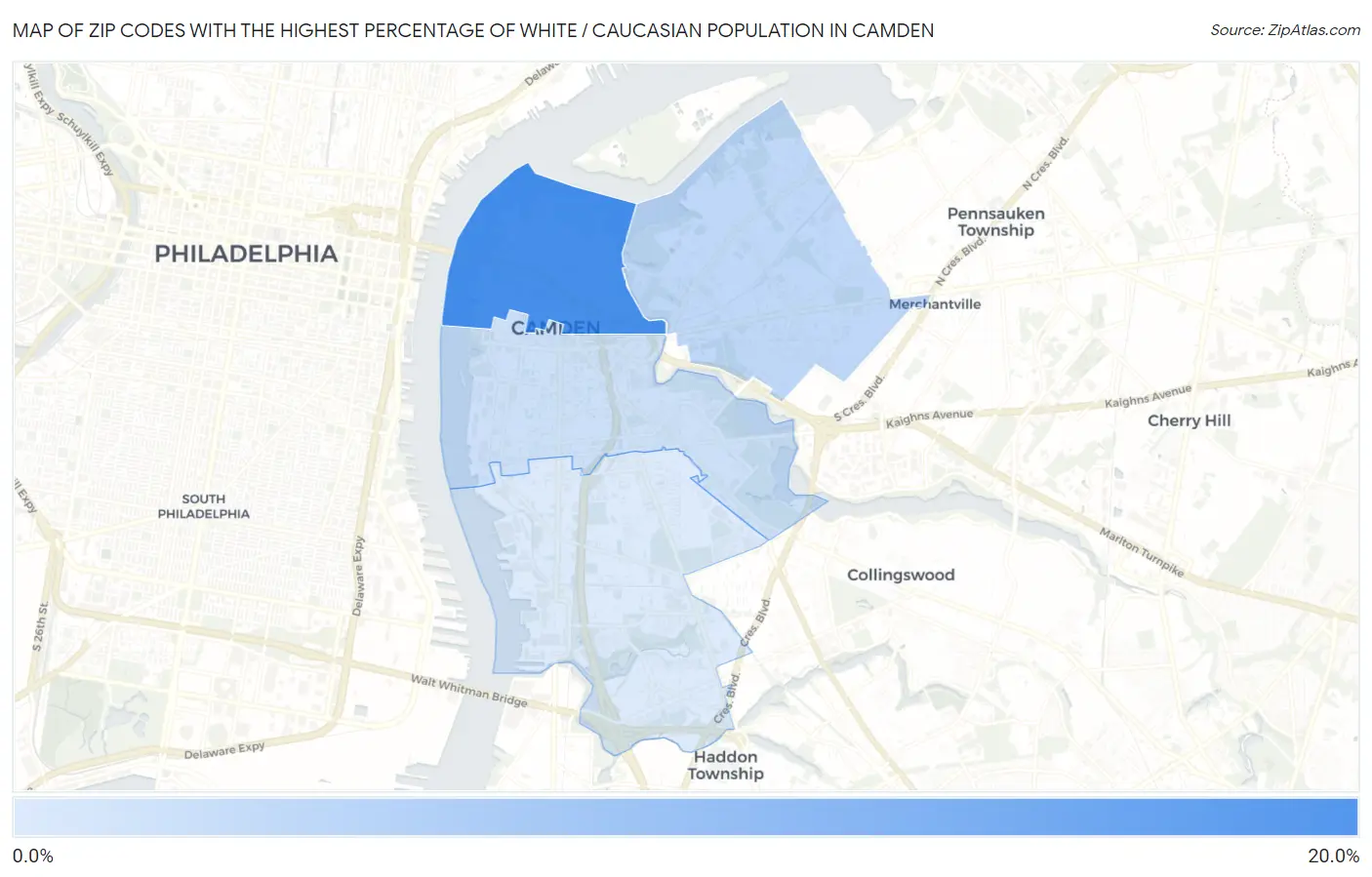 Zip Codes with the Highest Percentage of White / Caucasian Population in Camden Map