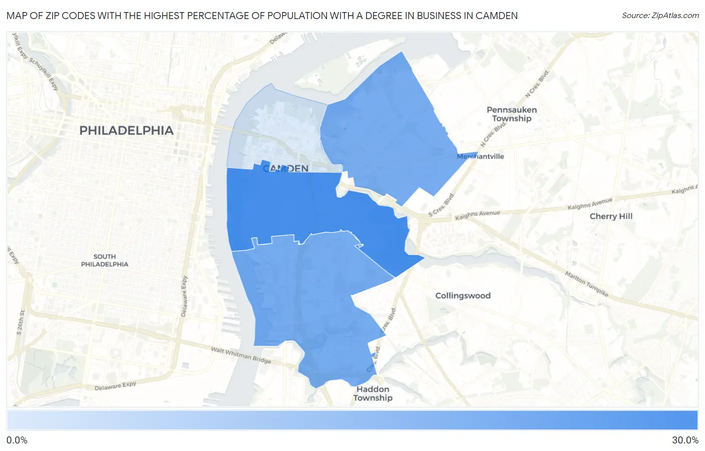 Zip Codes with the Highest Percentage of Population with a Degree in Business in Camden Map