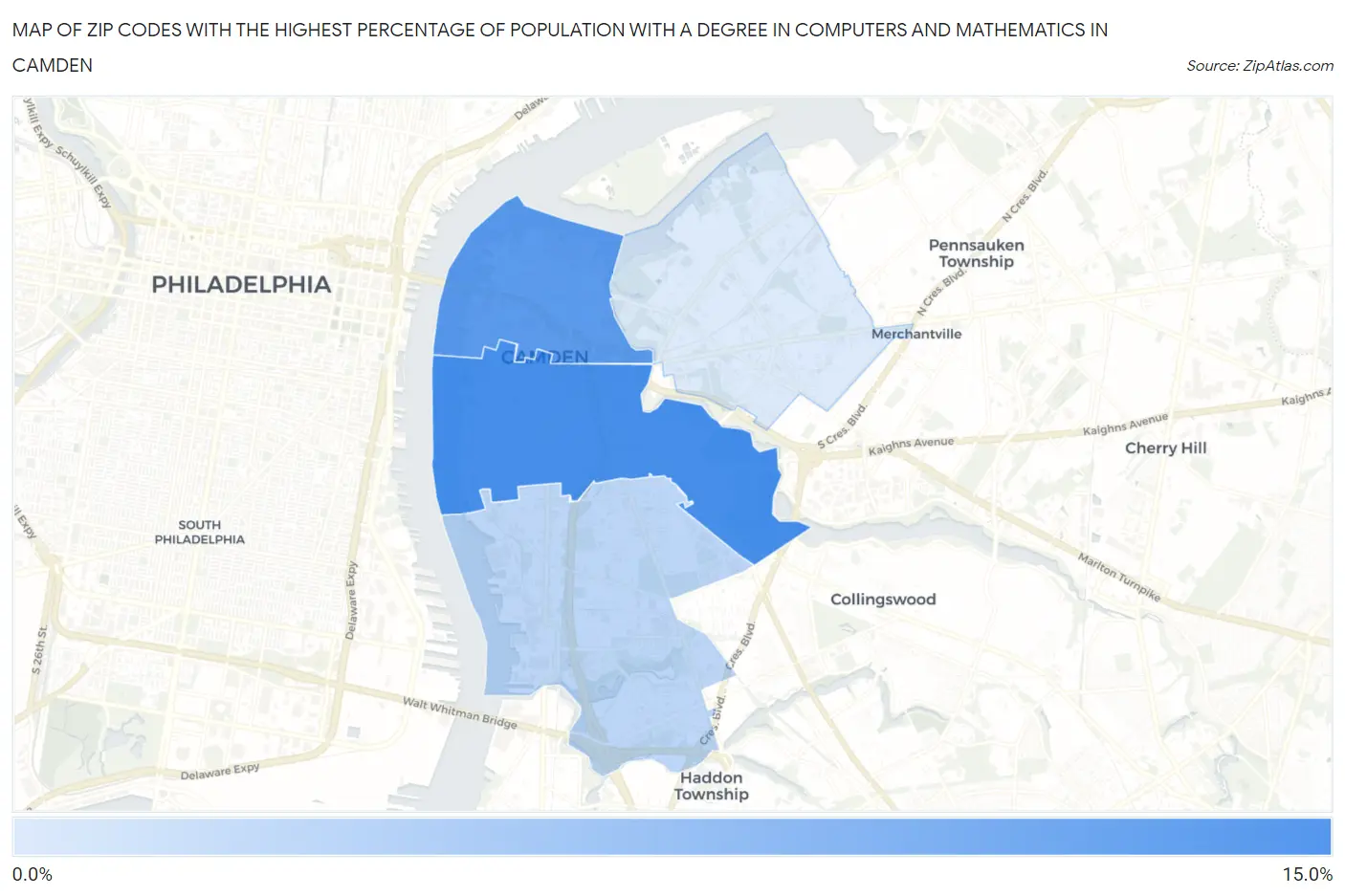 Zip Codes with the Highest Percentage of Population with a Degree in Computers and Mathematics in Camden Map