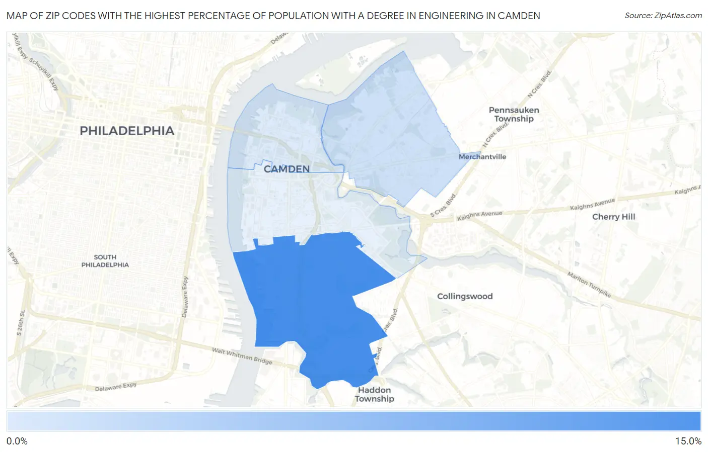 Zip Codes with the Highest Percentage of Population with a Degree in Engineering in Camden Map