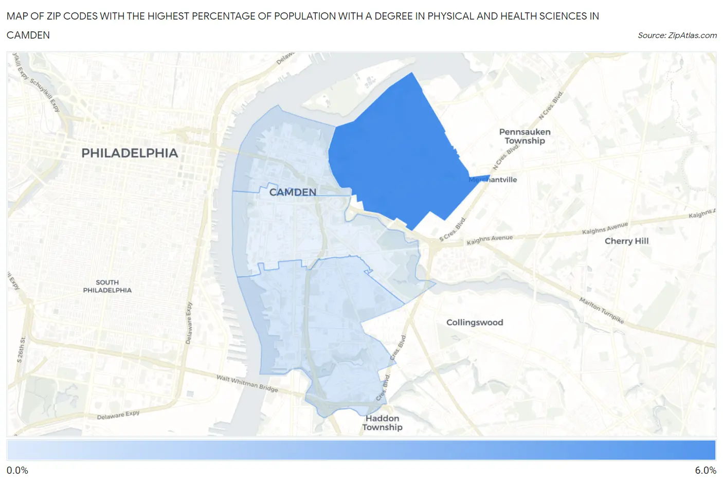 Zip Codes with the Highest Percentage of Population with a Degree in Physical and Health Sciences in Camden Map